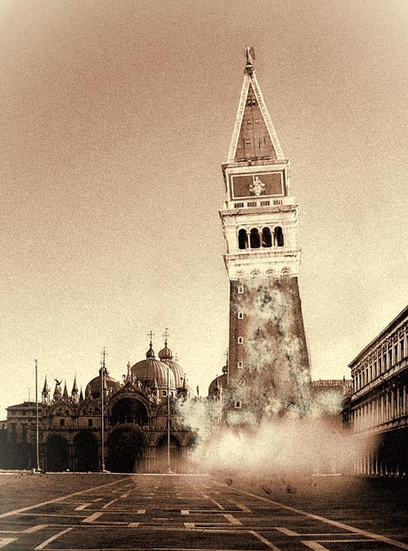 Il crollo del Campanile di San Marco in un fotoritocco digitale di Sartori