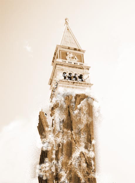 Il crollo del Campanile di San Marco in un fotoritocco digitale di Sartori