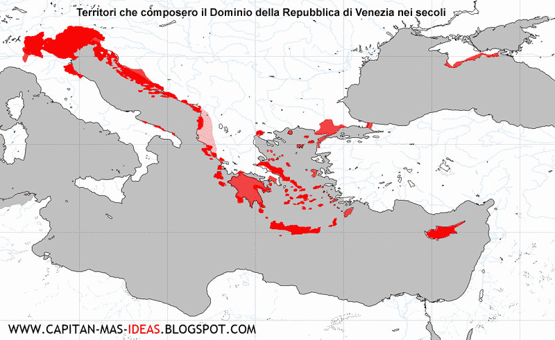 Storia di Venezia, Mappa dei Territori integrati dalla Repubblica di Venezia nel corso della sua Storia