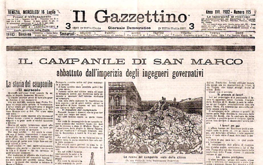 Storia di Venezia, Prima pagina Il Gazzettino 16 Luglio 1902