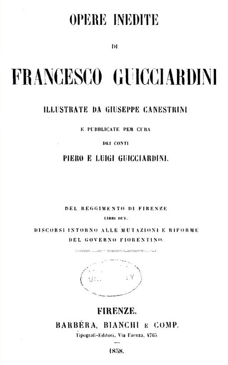 Storia di Venezia - Francesco Guicciardini, Del Reggimento di Firenze, frontespizio