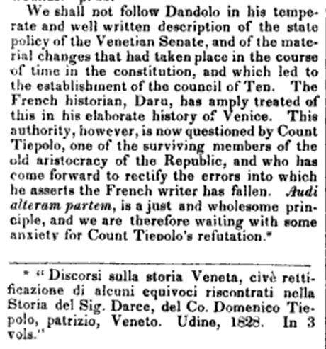 Storia di Venezia - Citazione del Tiepolo nel Museum of foreign Literature and Science, New York 1829