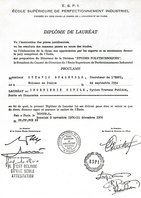 Diploma di laurea in ingegneria civile di Ottavio Spagnuolo