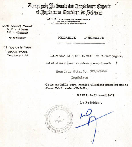 Medaglia d'Onore per l'ingegneria civile di Ottavio Spagnuolo