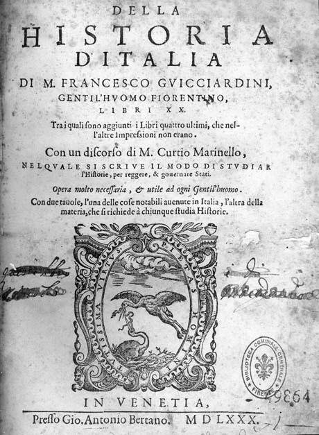Storia di Venezia - Frontespizio del primo volume della Storia d'Italia di Francesco Guicciardini, Venezia 1580