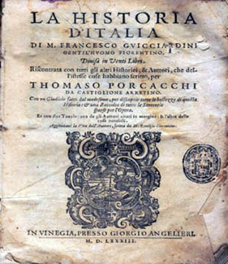 Storia di Venezia - Frontespizio del primo volume della Storia d'Italia di Francesco Guicciardini, Venezia 1583
