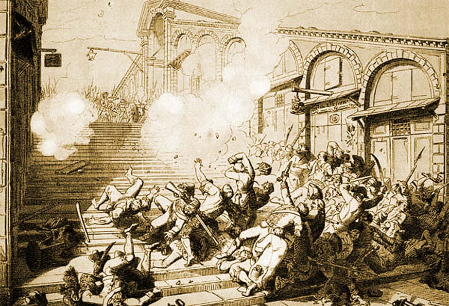 Storia di Venezia, I soldati della Municipalit&agrave; Provvisoria sparano a mitraglia dal ponte di Rialto sul Popolo veneziano in rivolta