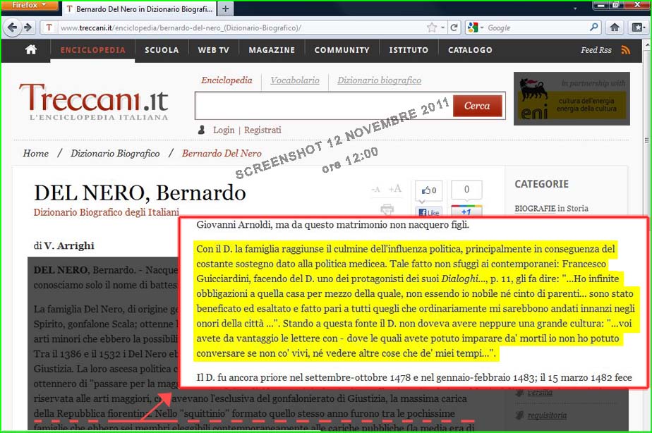 Storia di Venezia - Screenshot di http://www.treccani.it/enciclopedia/bernardo-del-nero_%28Dizionario-Biografico%29/, 12 Novembre 2011 ore 12:00