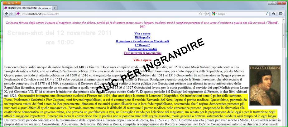 Screenshot di http://www.filosofico.net/guicciardini.htm, 12 Novembre 2011 ore 10:00
